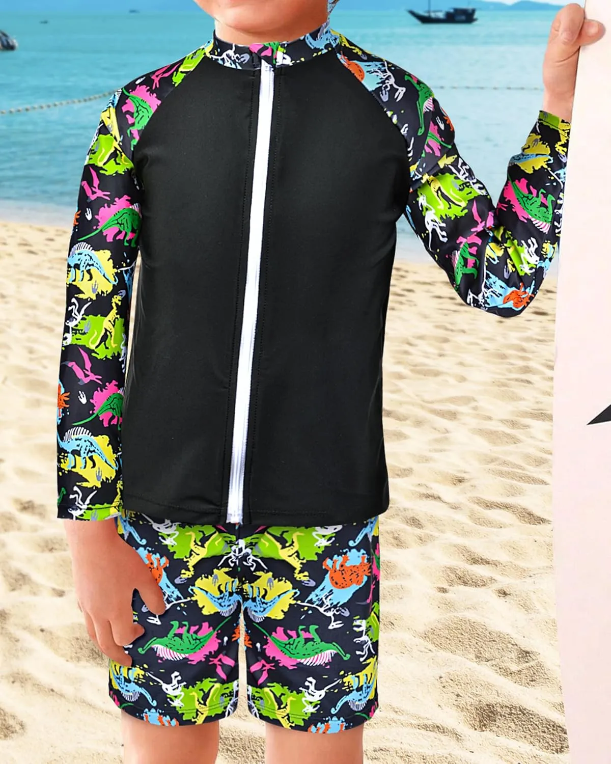 Boys Two Piece Rash Guard Swimsuits Long Sleeve Zipper Swim Shirt and Trunks Bathing Suit Swimwear Set