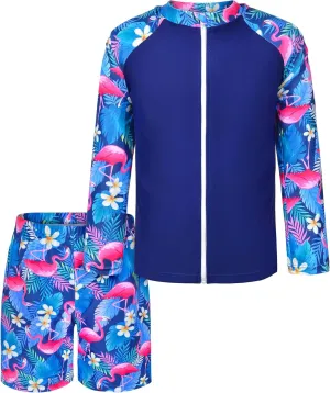 Boys Two Piece Rash Guard Swimsuits Long Sleeve Zipper Swim Shirt and Trunks Bathing Suit Swimwear Set