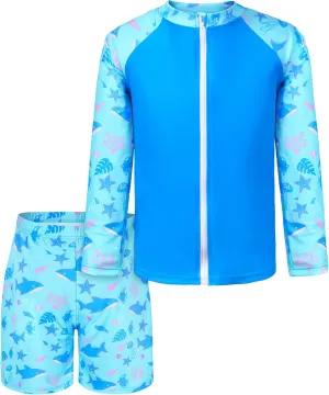 Boys Two Piece Rash Guard Swimsuits Long Sleeve Zipper Swim Shirt and Trunks Bathing Suit Swimwear Set