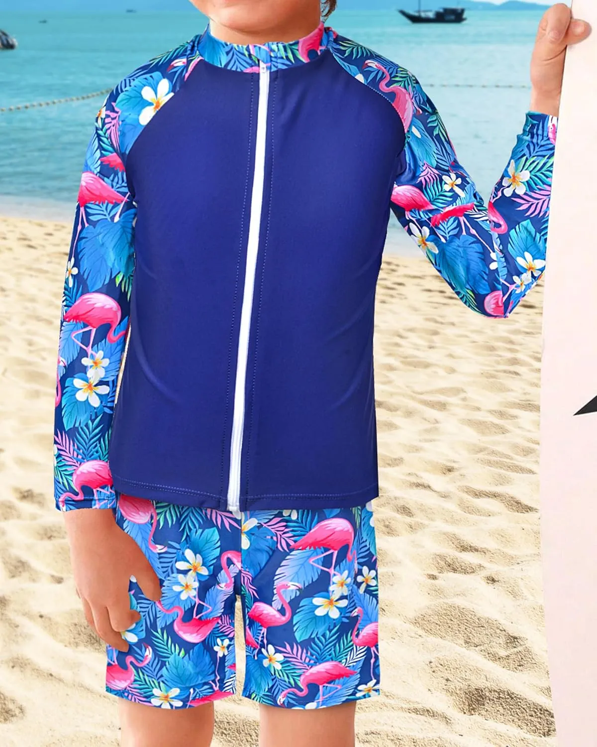 Boys Two Piece Rash Guard Swimsuits Long Sleeve Zipper Swim Shirt and Trunks Bathing Suit Swimwear Set