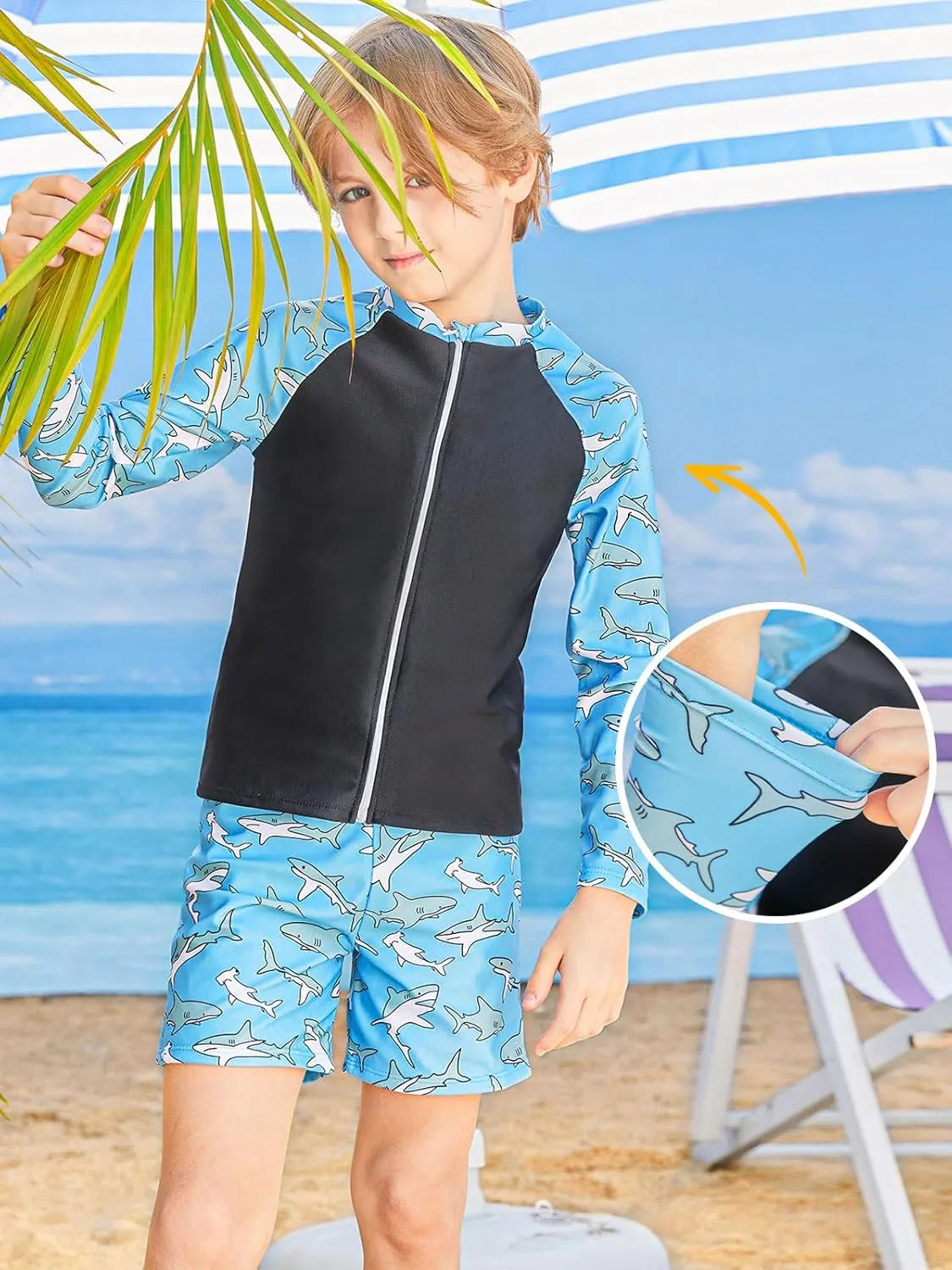 Boys Zipper Rash Guard Sets UPF 50  with Short 3-9 Years