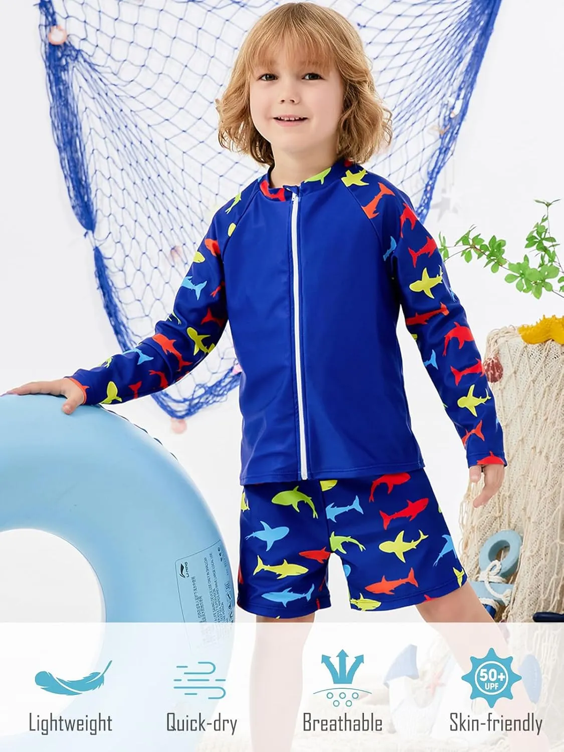 Boys Zipper Rash Guard Sets UPF 50  with Short 3-9 Years
