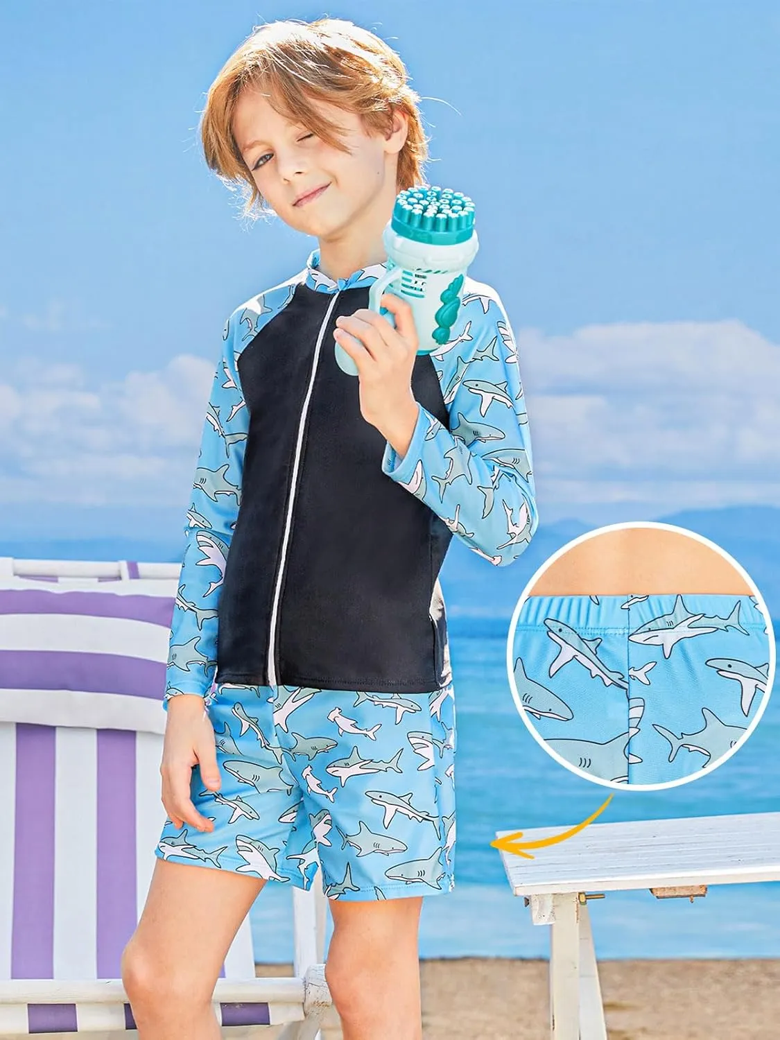 Boys Zipper Rash Guard Sets UPF 50  with Short 3-9 Years