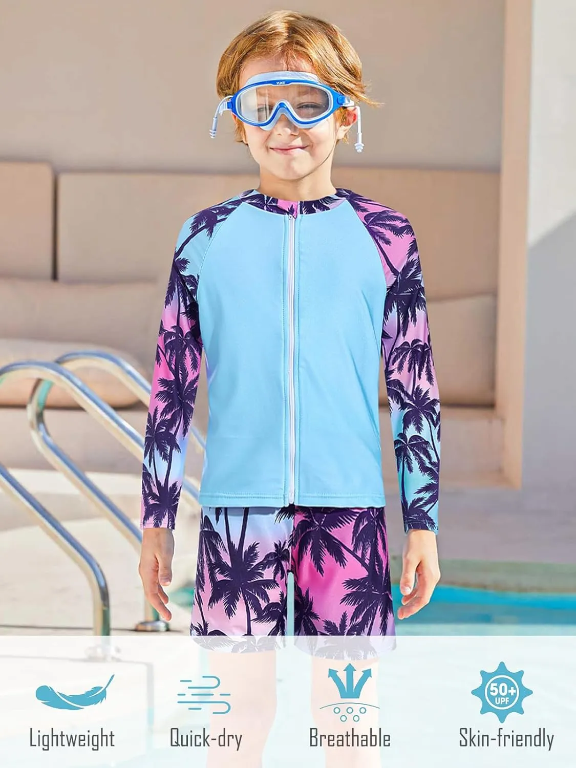 Boys Zipper Rash Guard Sets UPF 50  with Short 3-9 Years