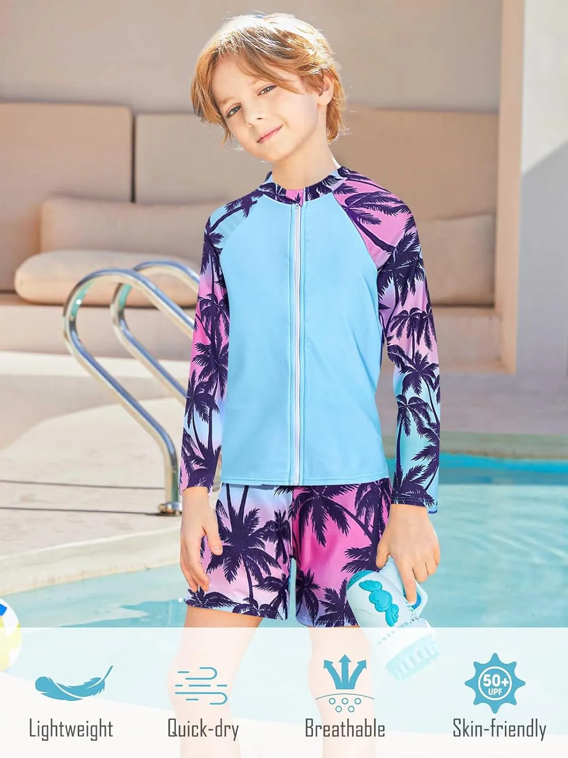 Boys Zipper Rash Guard Sets UPF 50  with Short 3-9 Years
