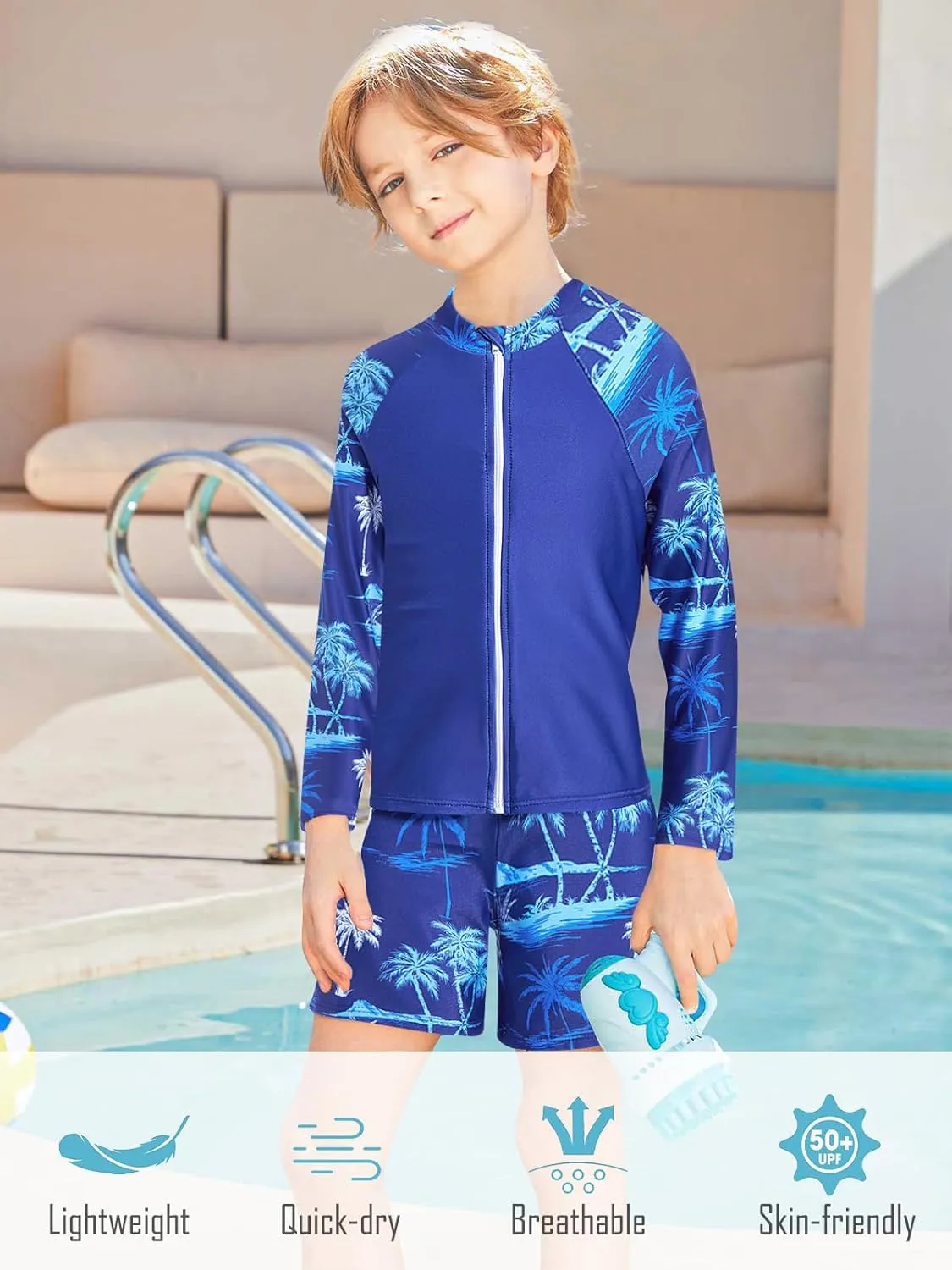 Boys Zipper Rash Guard Sets UPF 50  with Short 3-9 Years