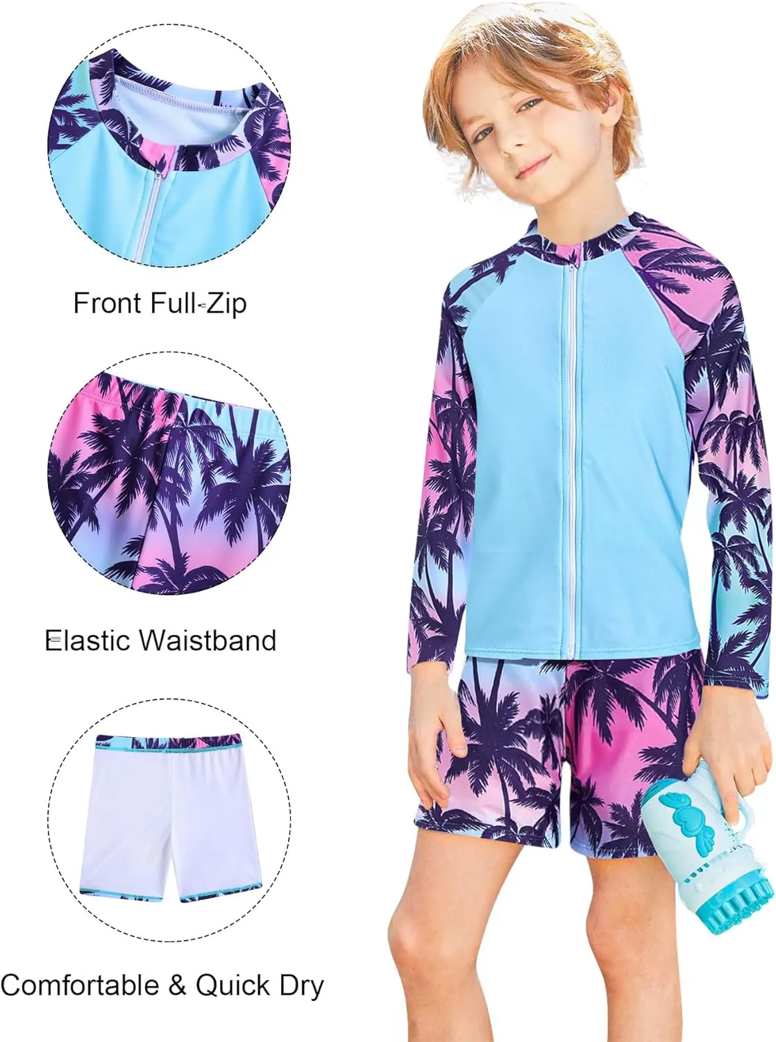 Boys Zipper Rash Guard Sets UPF 50  with Short 3-9 Years