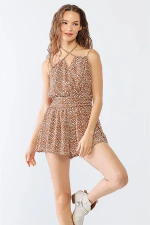 Brown & White Animal Print Strappy Self-Tie Wrap Neck Romper /3-2-1