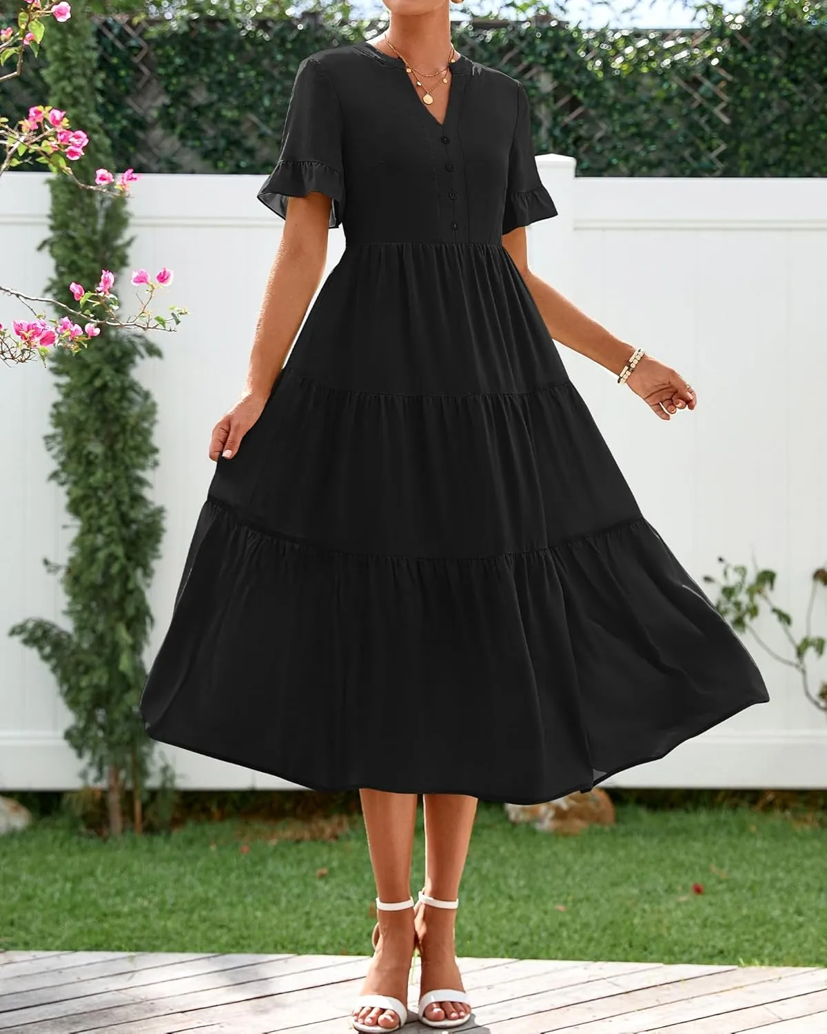 BTFBM Summer Dresses for Women 2025 Vacation V Neck Ruffle Short Sleeve A Line Tiered Flowy Casual Midi Beach Dress