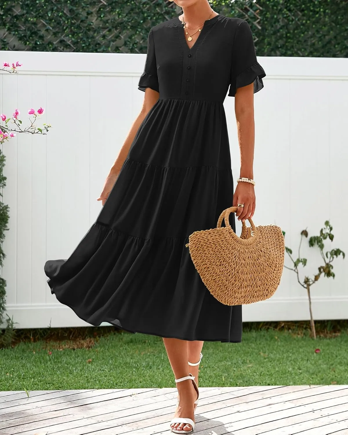 BTFBM Summer Dresses for Women 2025 Vacation V Neck Ruffle Short Sleeve A Line Tiered Flowy Casual Midi Beach Dress
