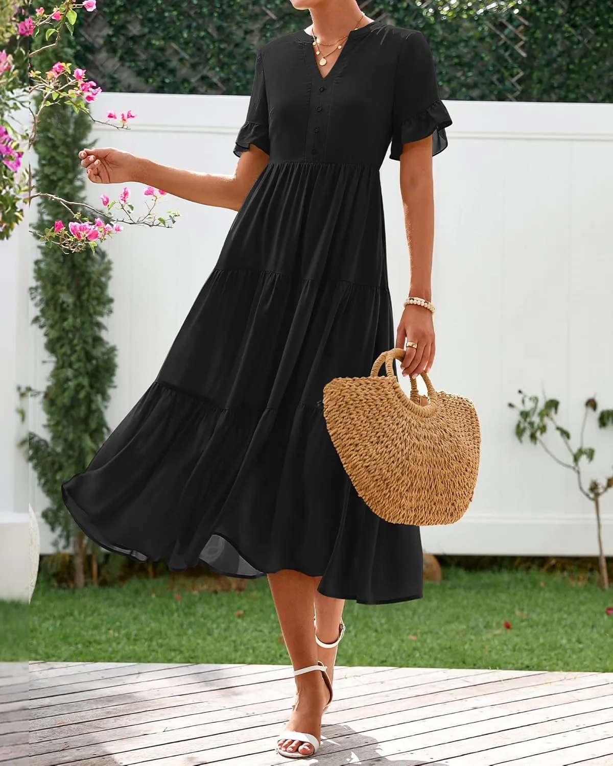 BTFBM Summer Dresses for Women 2025 Vacation V Neck Ruffle Short Sleeve A Line Tiered Flowy Casual Midi Beach Dress