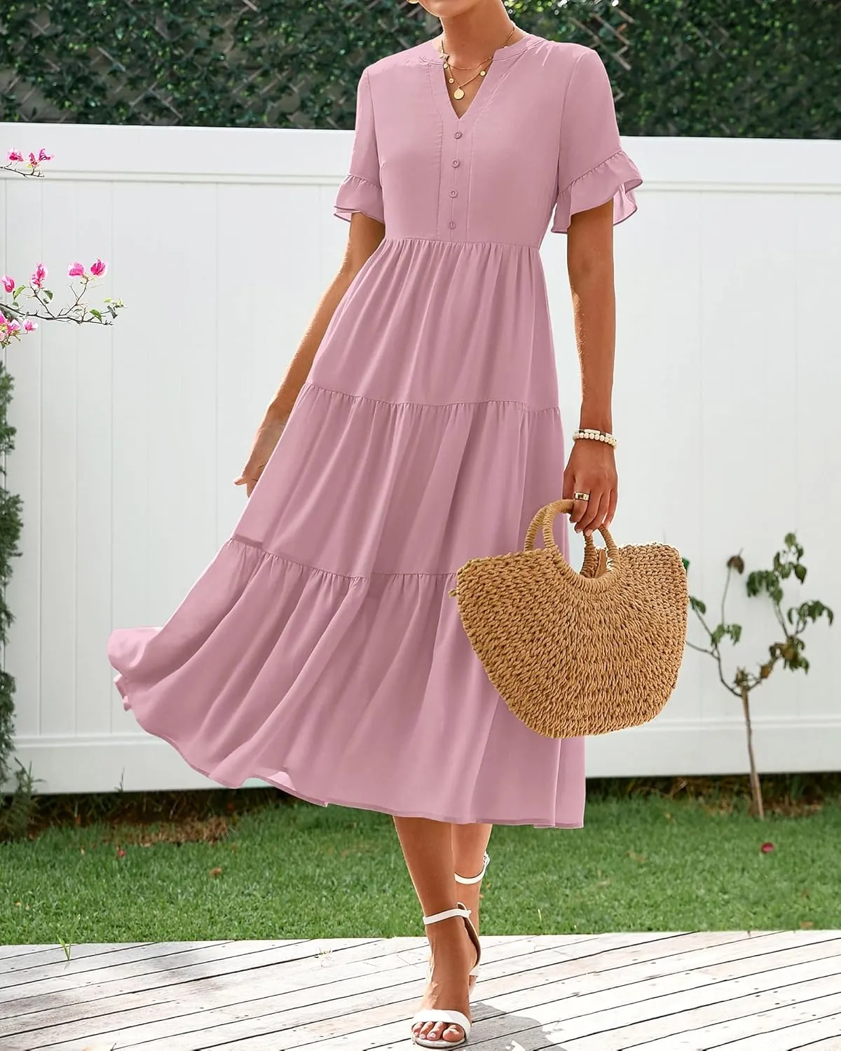 BTFBM Summer Dresses for Women 2025 Vacation V Neck Ruffle Short Sleeve A Line Tiered Flowy Casual Midi Beach Dress