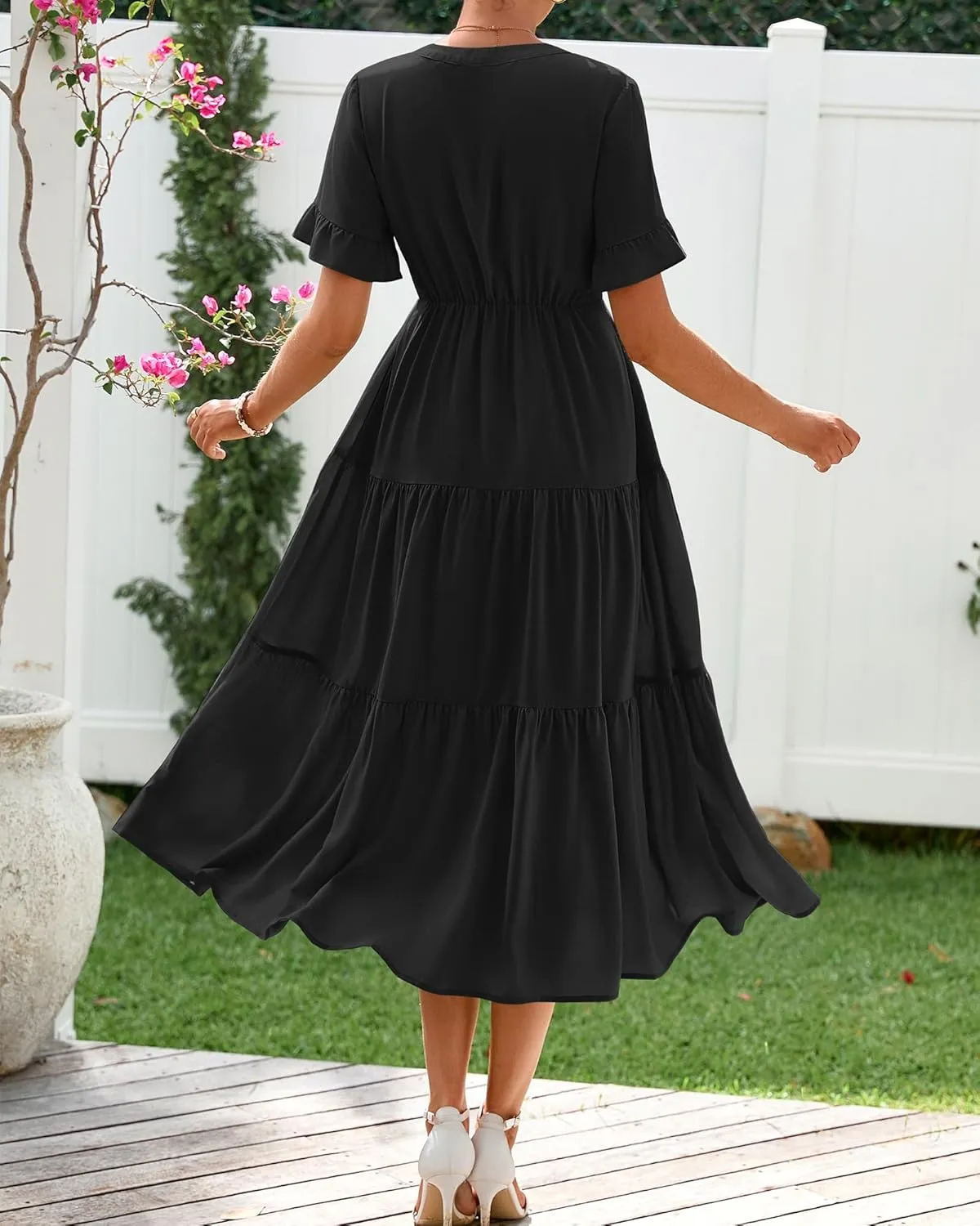 BTFBM Summer Dresses for Women 2025 Vacation V Neck Ruffle Short Sleeve A Line Tiered Flowy Casual Midi Beach Dress