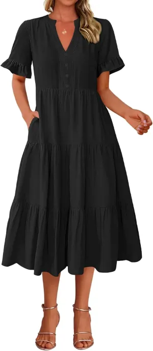 BTFBM Summer Dresses for Women 2025 Vacation V Neck Ruffle Short Sleeve A Line Tiered Flowy Casual Midi Beach Dress