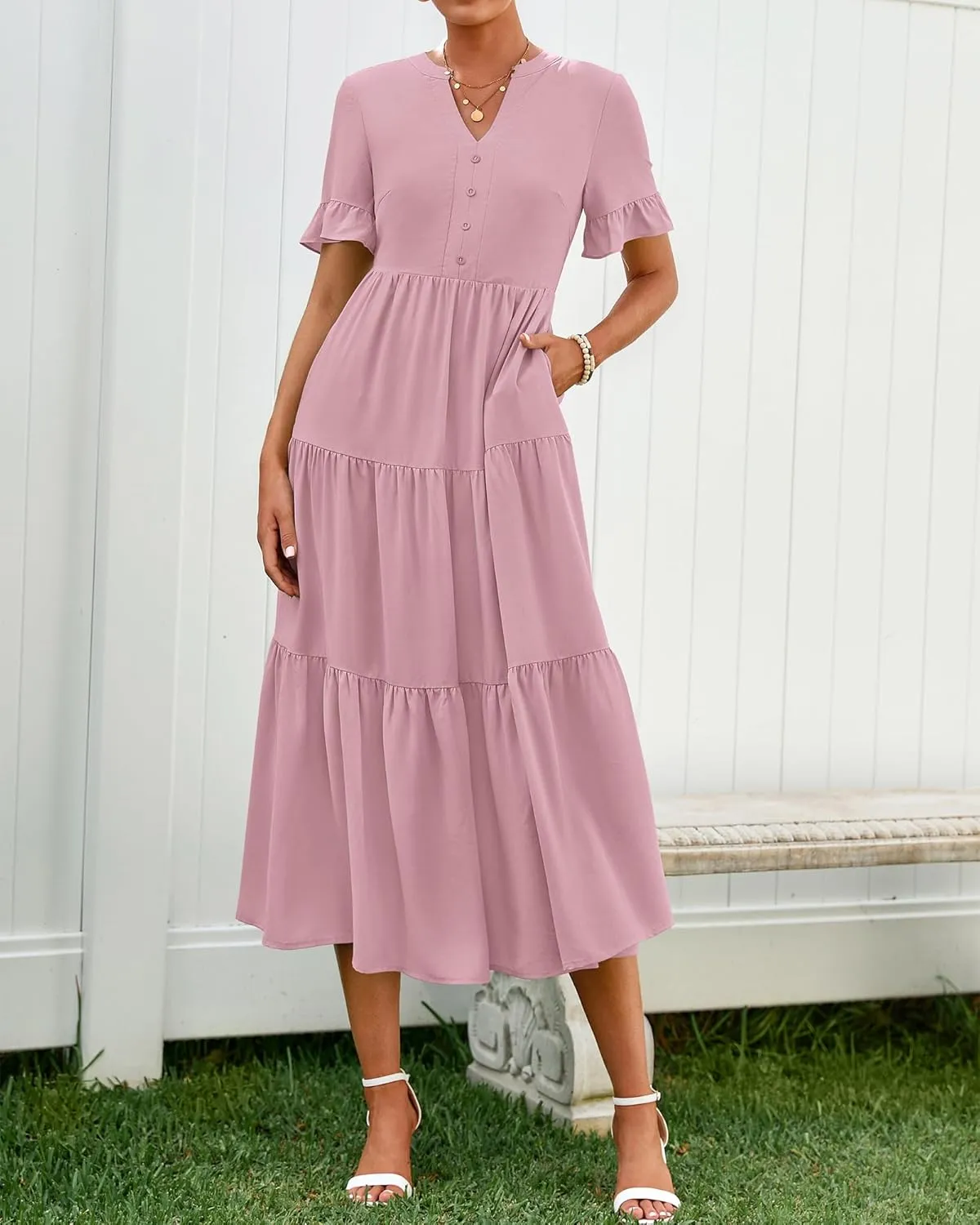 BTFBM Summer Dresses for Women 2025 Vacation V Neck Ruffle Short Sleeve A Line Tiered Flowy Casual Midi Beach Dress