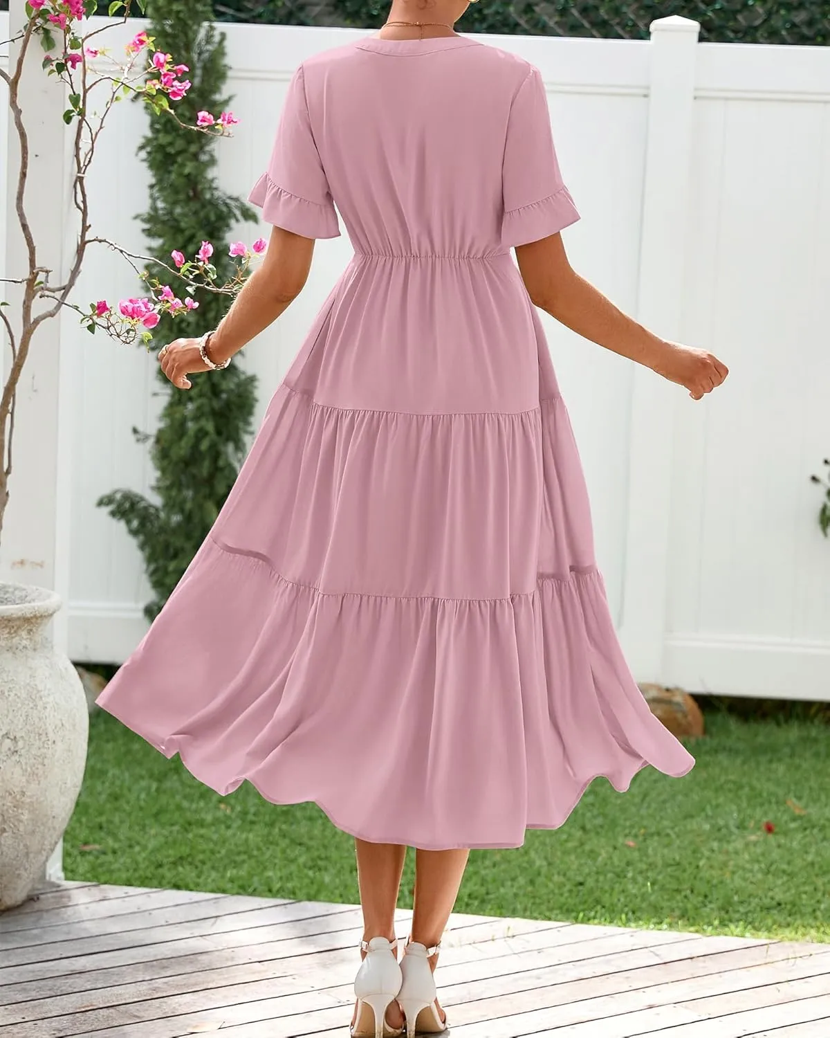BTFBM Summer Dresses for Women 2025 Vacation V Neck Ruffle Short Sleeve A Line Tiered Flowy Casual Midi Beach Dress