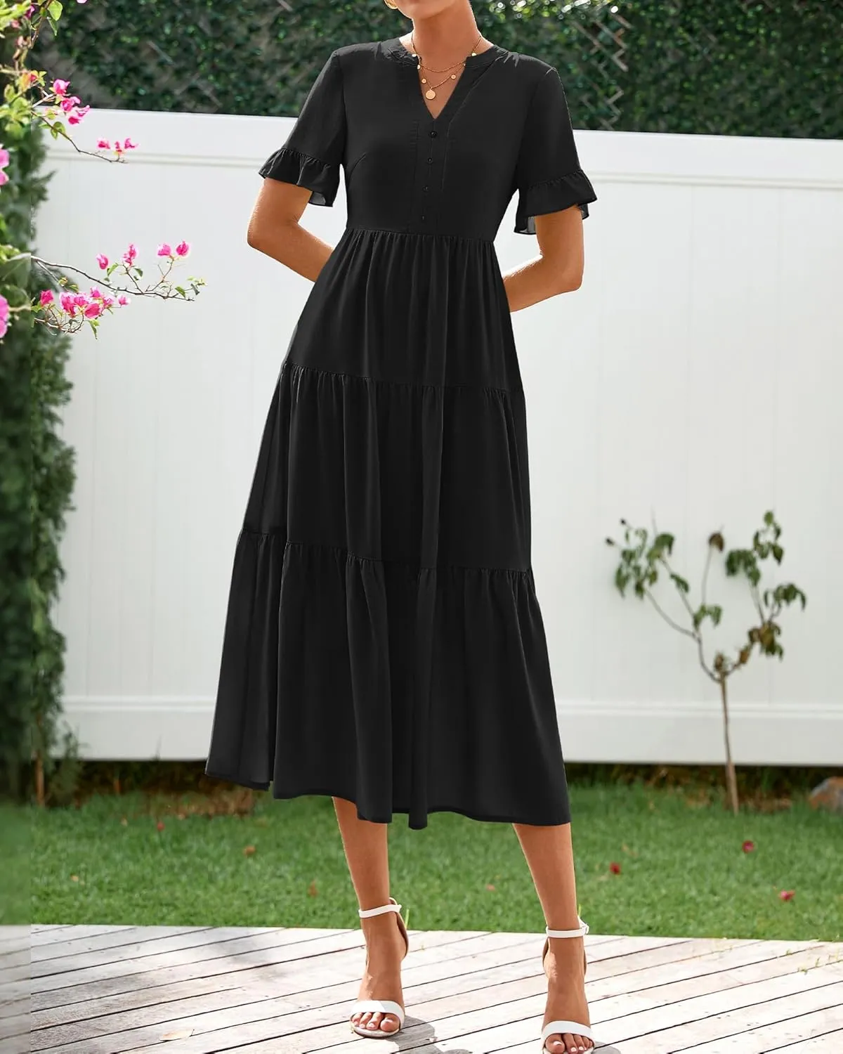 BTFBM Summer Dresses for Women 2025 Vacation V Neck Ruffle Short Sleeve A Line Tiered Flowy Casual Midi Beach Dress