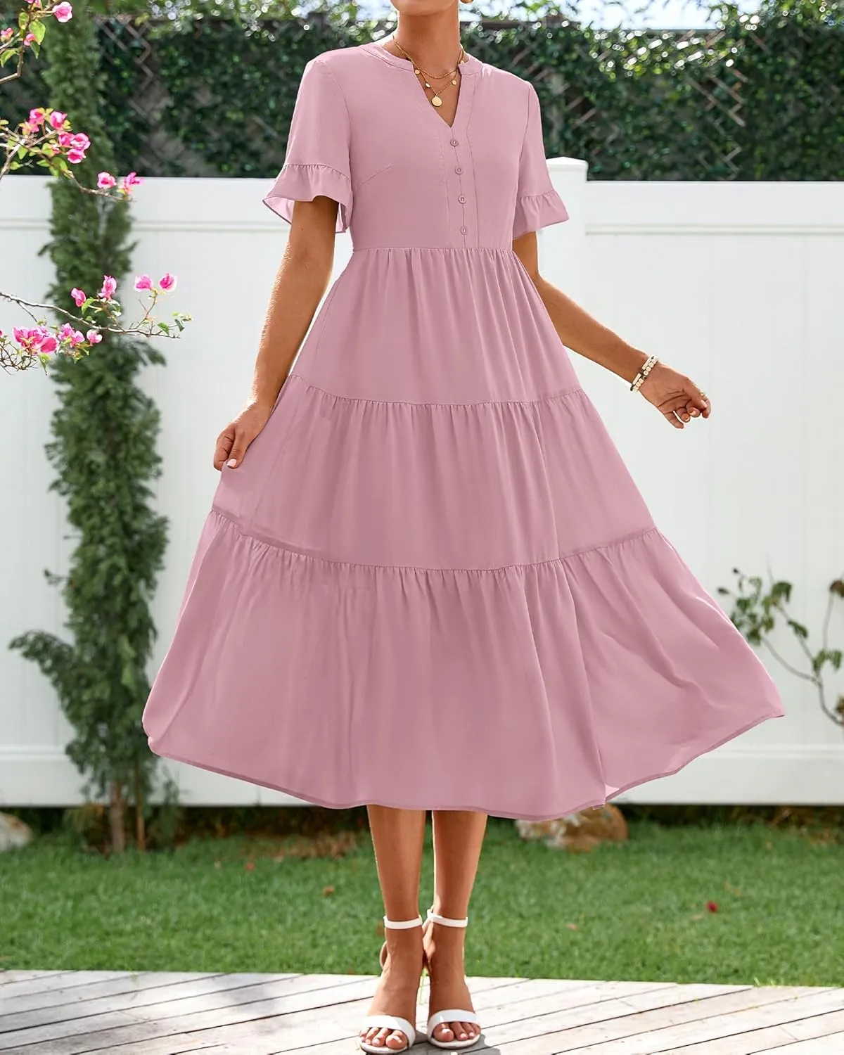 BTFBM Summer Dresses for Women 2025 Vacation V Neck Ruffle Short Sleeve A Line Tiered Flowy Casual Midi Beach Dress