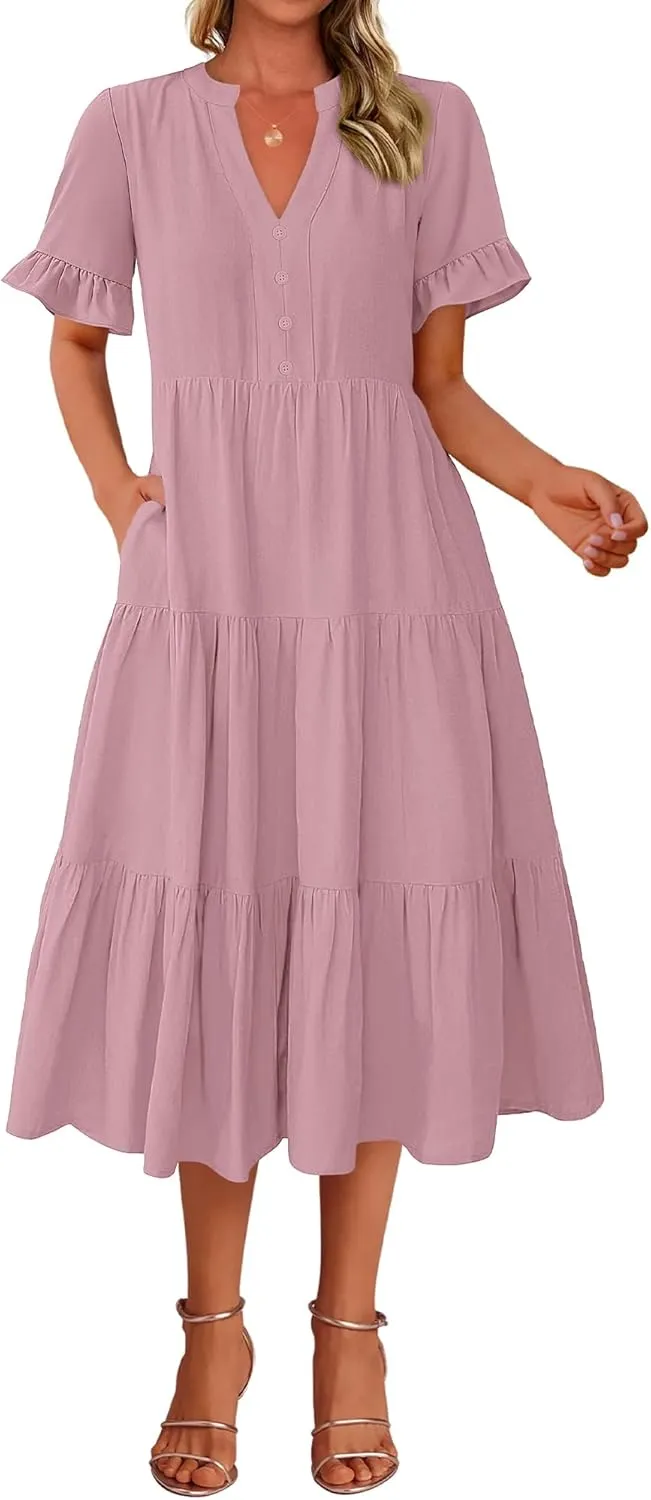 BTFBM Summer Dresses for Women 2025 Vacation V Neck Ruffle Short Sleeve A Line Tiered Flowy Casual Midi Beach Dress