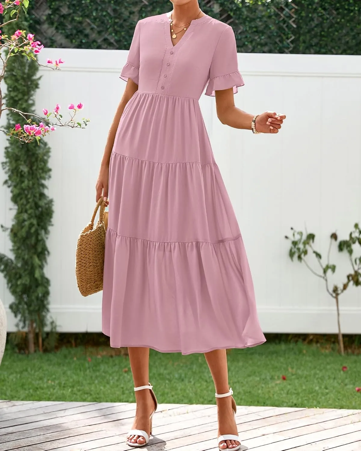 BTFBM Summer Dresses for Women 2025 Vacation V Neck Ruffle Short Sleeve A Line Tiered Flowy Casual Midi Beach Dress