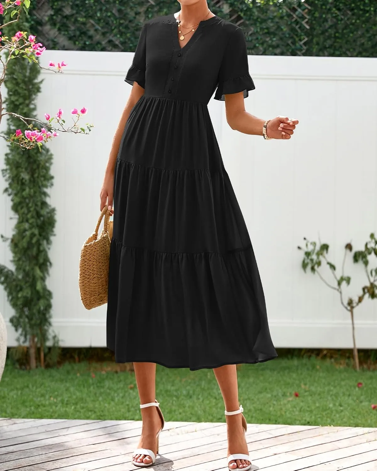 BTFBM Summer Dresses for Women 2025 Vacation V Neck Ruffle Short Sleeve A Line Tiered Flowy Casual Midi Beach Dress