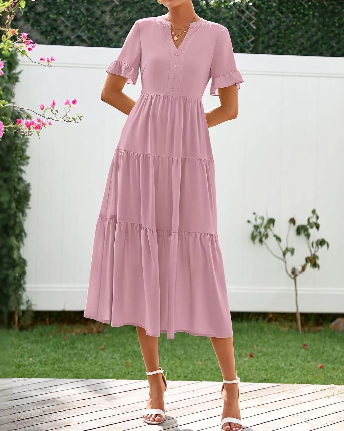 BTFBM Summer Dresses for Women 2025 Vacation V Neck Ruffle Short Sleeve A Line Tiered Flowy Casual Midi Beach Dress