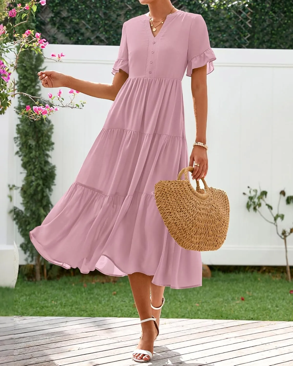BTFBM Summer Dresses for Women 2025 Vacation V Neck Ruffle Short Sleeve A Line Tiered Flowy Casual Midi Beach Dress