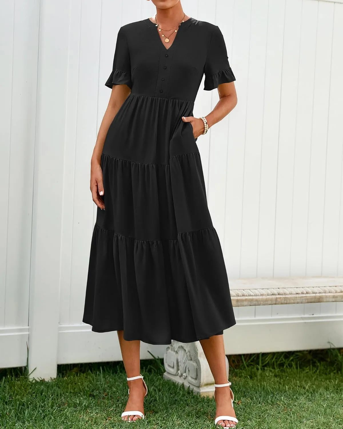 BTFBM Summer Dresses for Women 2025 Vacation V Neck Ruffle Short Sleeve A Line Tiered Flowy Casual Midi Beach Dress