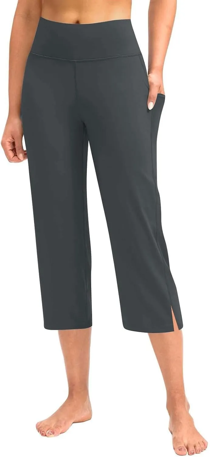Capri Pants for Women Dressy Casual Stretch Wide Leg Yoga Dress Capris Summer Loose Split Work Crop Pant with Pocket