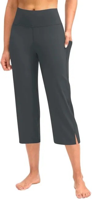 Capri Pants for Women Dressy Casual Stretch Wide Leg Yoga Dress Capris Summer Loose Split Work Crop Pant with Pocket
