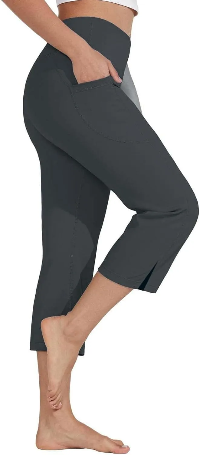 Capri Pants for Women Dressy Casual Stretch Wide Leg Yoga Dress Capris Summer Loose Split Work Crop Pant with Pocket
