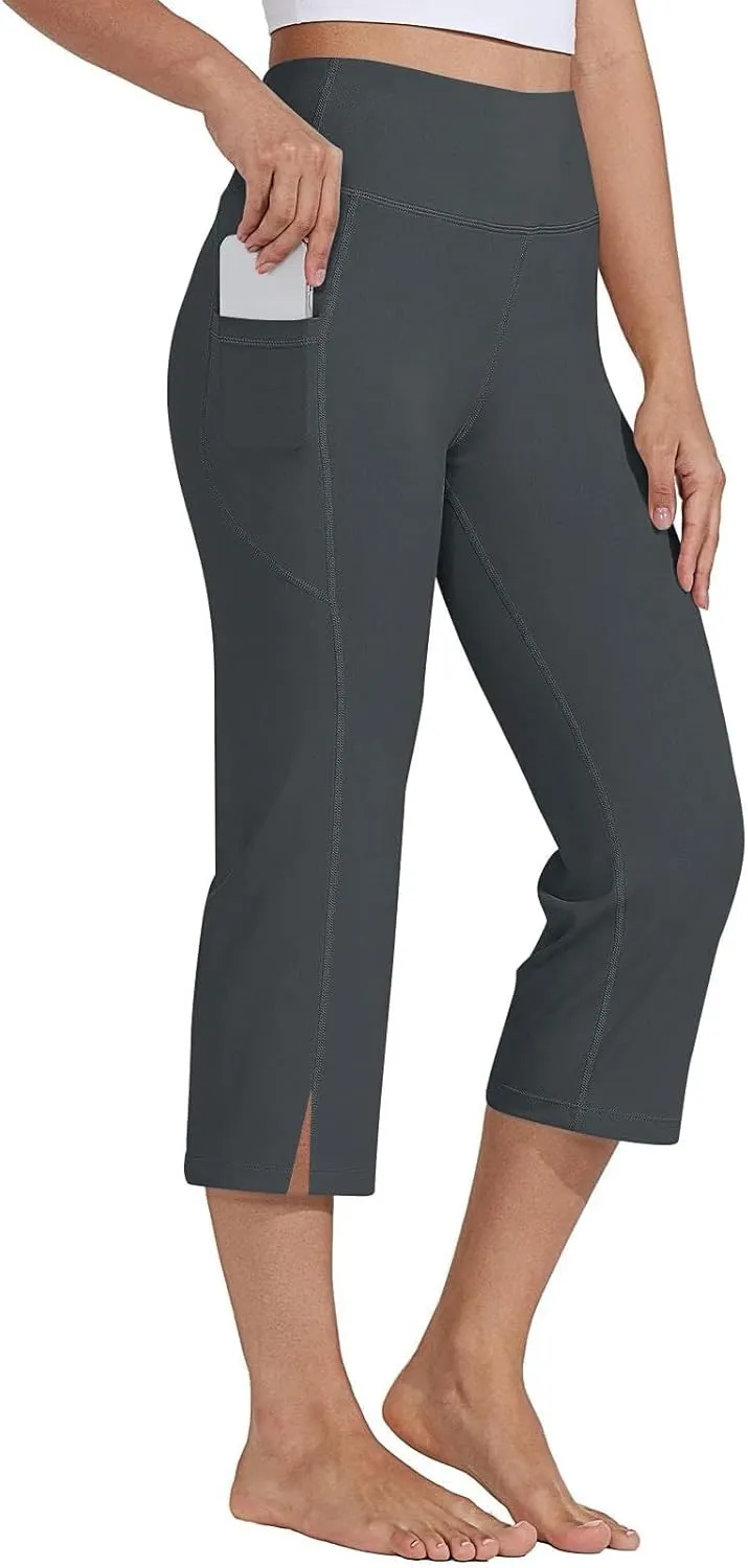 Capri Pants for Women Dressy Casual Stretch Wide Leg Yoga Dress Capris Summer Loose Split Work Crop Pant with Pocket