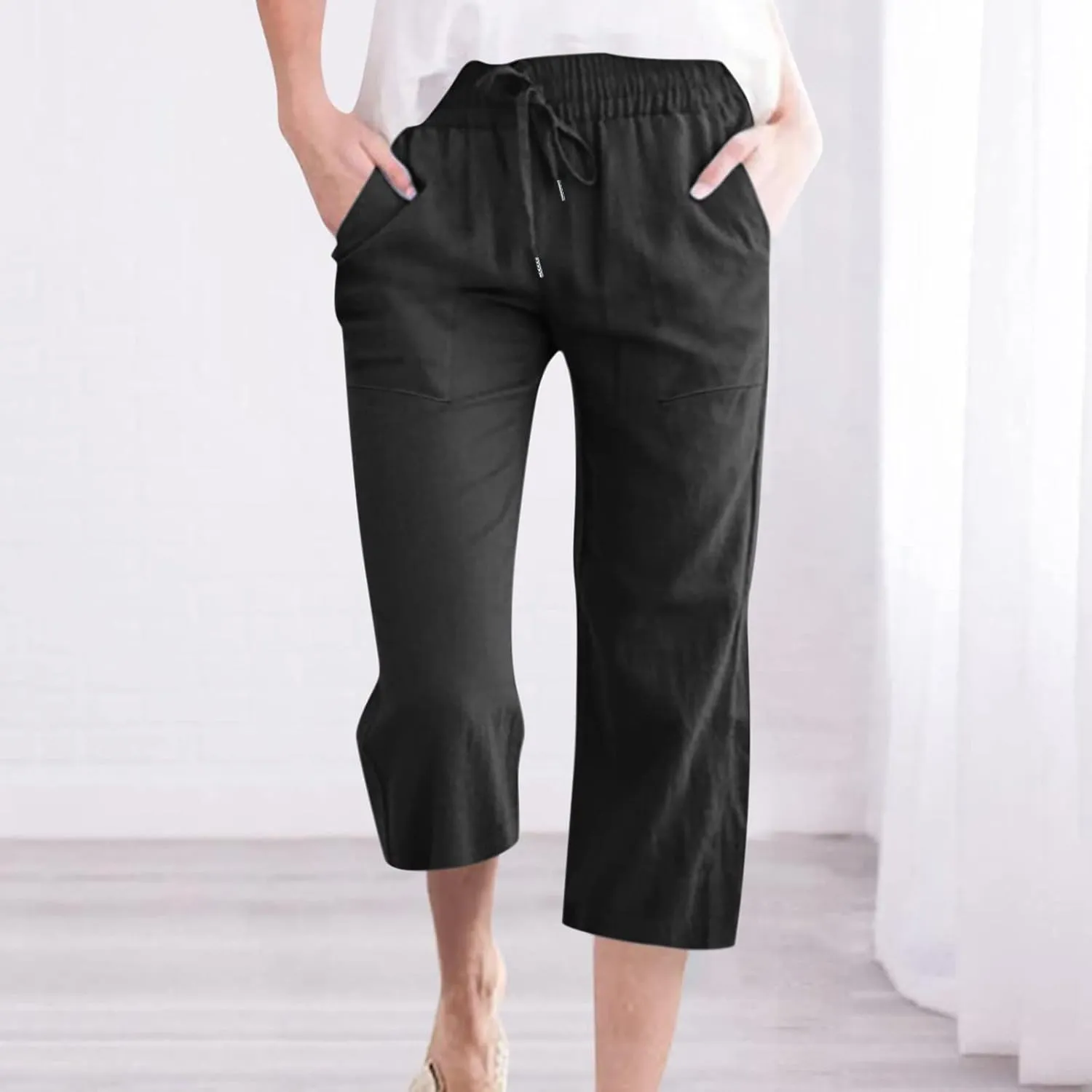 Capris for Women Casual 2024 Summer Linen Capri Pants Loose Wide Leg Drawstring Cropped Pants Baggy Palazzo Trousers