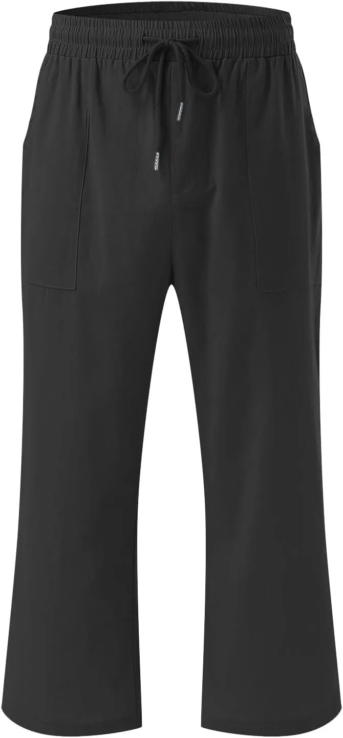 Capris for Women Casual 2024 Summer Linen Capri Pants Loose Wide Leg Drawstring Cropped Pants Baggy Palazzo Trousers