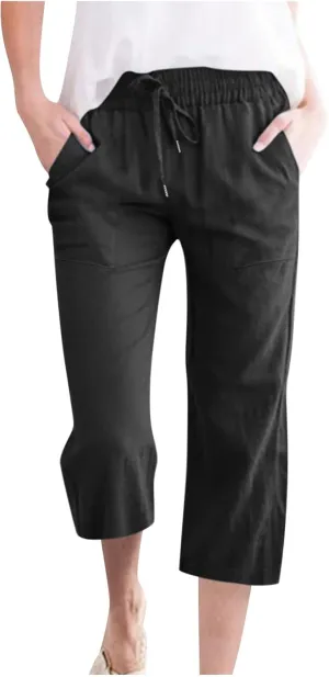 Capris for Women Casual 2024 Summer Linen Capri Pants Loose Wide Leg Drawstring Cropped Pants Baggy Palazzo Trousers