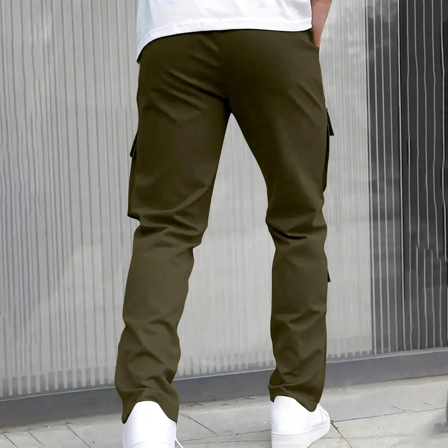 Cargo Pants for Men Straight Leg Regular Fit Drawstring Elastic Waist Jogger Chino Pants with Multi Pockets