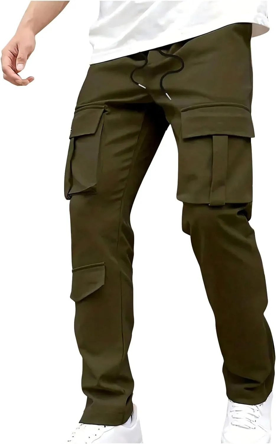 Cargo Pants for Men Straight Leg Regular Fit Drawstring Elastic Waist Jogger Chino Pants with Multi Pockets