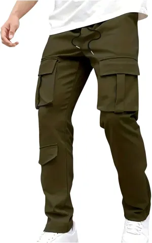 Cargo Pants for Men Straight Leg Regular Fit Drawstring Elastic Waist Jogger Chino Pants with Multi Pockets