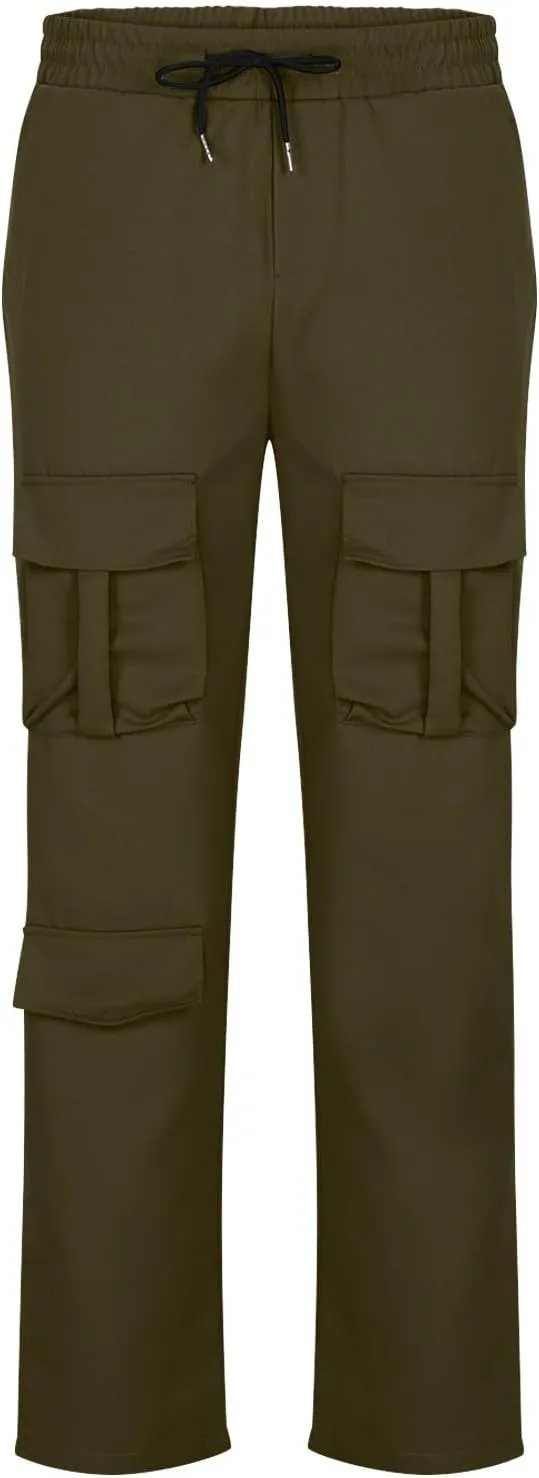 Cargo Pants for Men Straight Leg Regular Fit Drawstring Elastic Waist Jogger Chino Pants with Multi Pockets