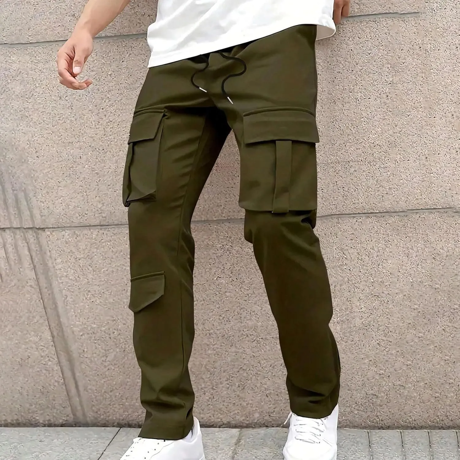Cargo Pants for Men Straight Leg Regular Fit Drawstring Elastic Waist Jogger Chino Pants with Multi Pockets