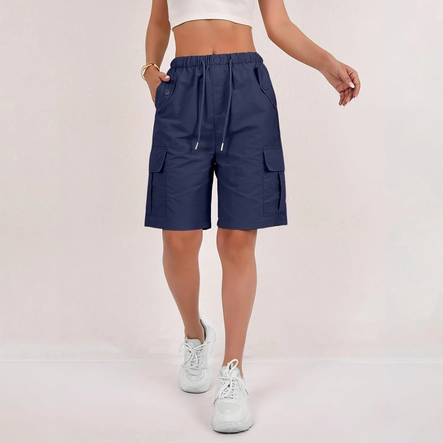 Cargo Shorts for Women Knee Length Elastic High Waisted Bermuda Shorts Casual Drawstring Quick Dry Hiking Short w/Pockets