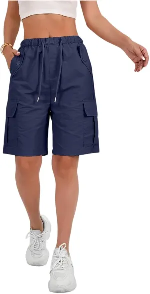 Cargo Shorts for Women Knee Length Elastic High Waisted Bermuda Shorts Casual Drawstring Quick Dry Hiking Short w/Pockets
