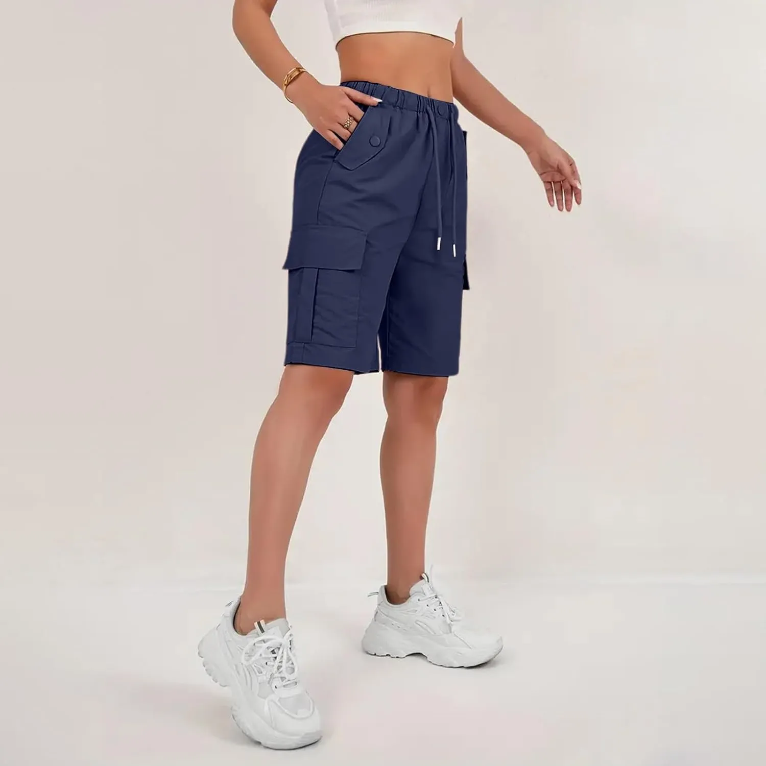 Cargo Shorts for Women Knee Length Elastic High Waisted Bermuda Shorts Casual Drawstring Quick Dry Hiking Short w/Pockets
