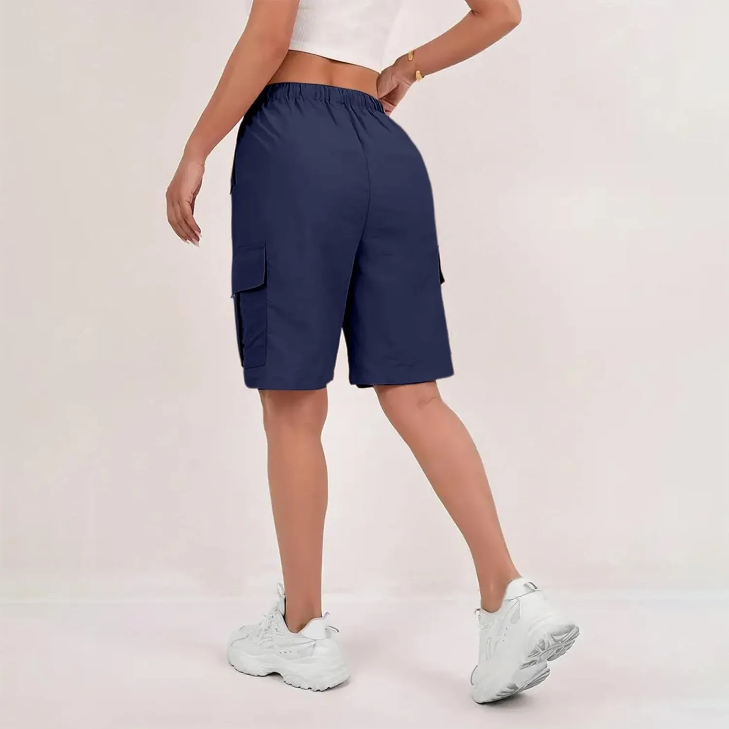 Cargo Shorts for Women Knee Length Elastic High Waisted Bermuda Shorts Casual Drawstring Quick Dry Hiking Short w/Pockets