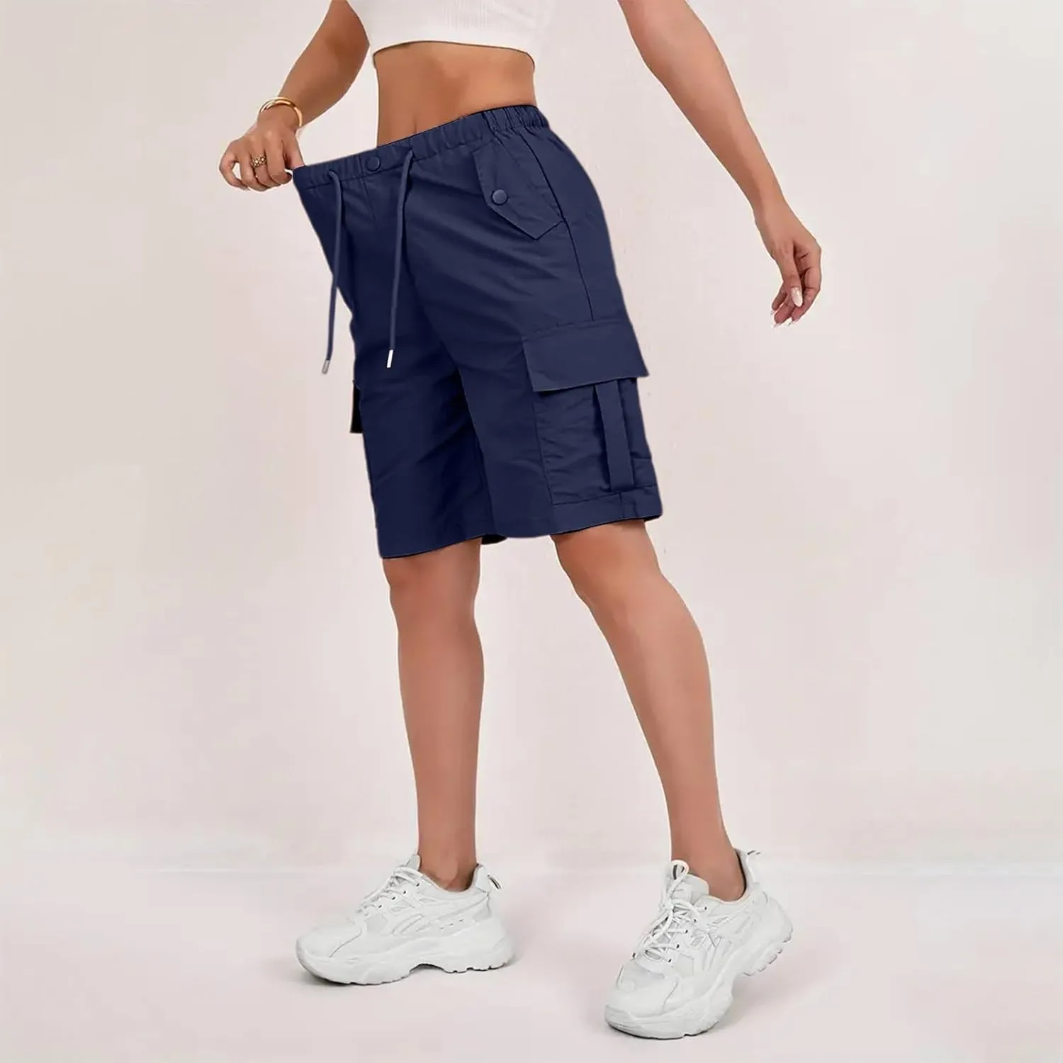 Cargo Shorts for Women Knee Length Elastic High Waisted Bermuda Shorts Casual Drawstring Quick Dry Hiking Short w/Pockets