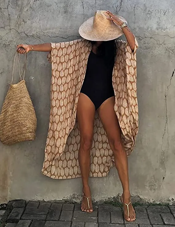 Casual Chiffon Tie Dye Open Front Long Kimono Swimsuit Cover up