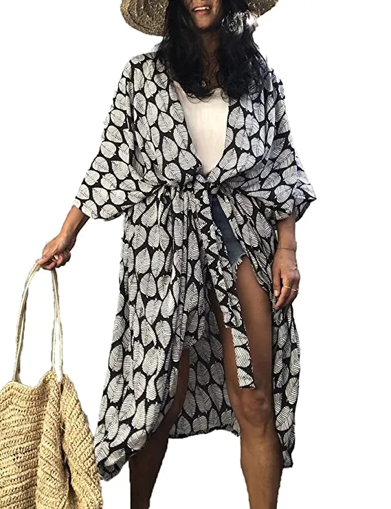Casual Chiffon Tie Dye Open Front Long Kimono Swimsuit Cover up