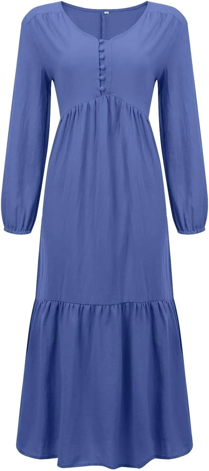 Casual Cotton Linen Dresses Long Sleeve Maxi for Women Button Front V Neck Pleated Dress Swing Flowy Elegant Dresses