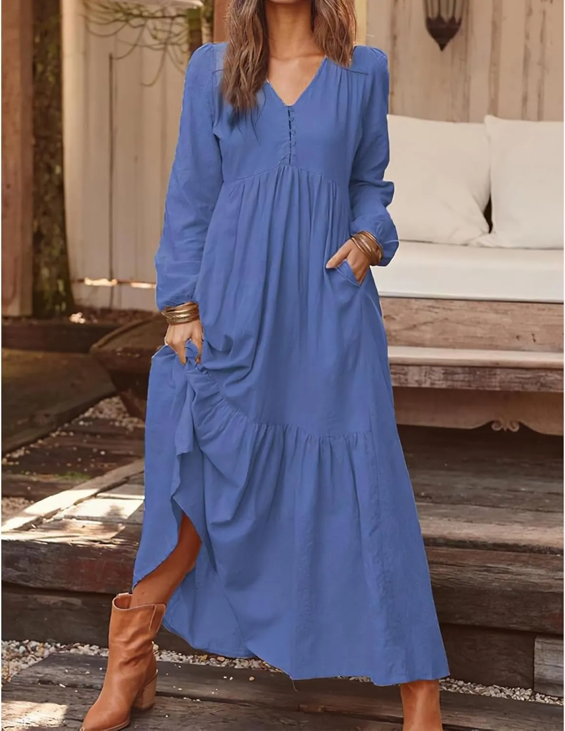 Casual Cotton Linen Dresses Long Sleeve Maxi for Women Button Front V Neck Pleated Dress Swing Flowy Elegant Dresses
