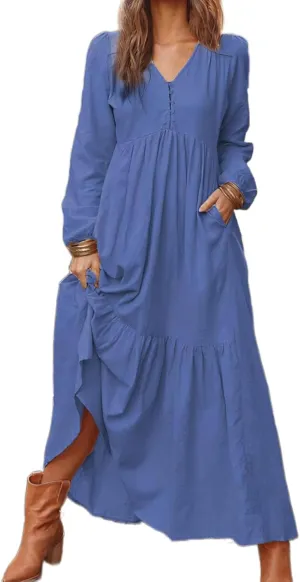 Casual Cotton Linen Dresses Long Sleeve Maxi for Women Button Front V Neck Pleated Dress Swing Flowy Elegant Dresses